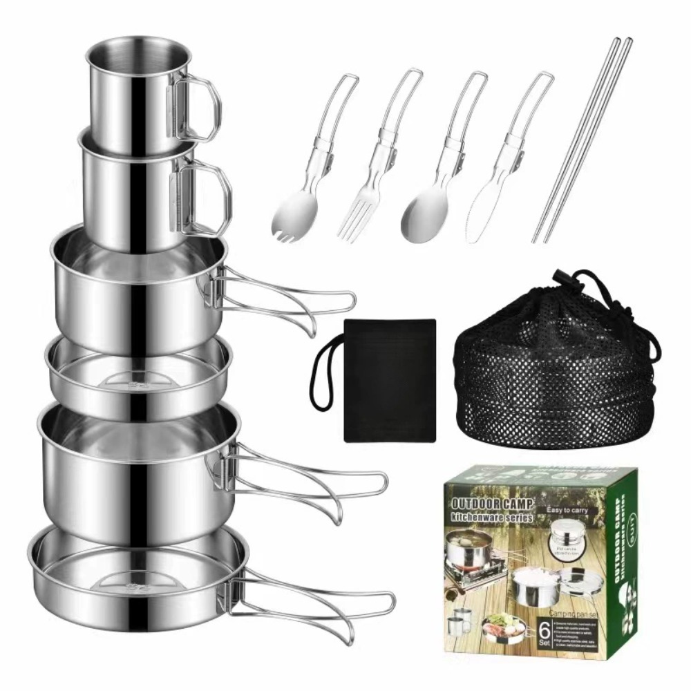 Camping Cooking Pots And Pans Set - 12 個アドベンチャーキャンプクックセットキャンプ鍋とフライパンファミリークックセット非毒性 304 ステンレス鋼キッチン用品セット折りたたみ式