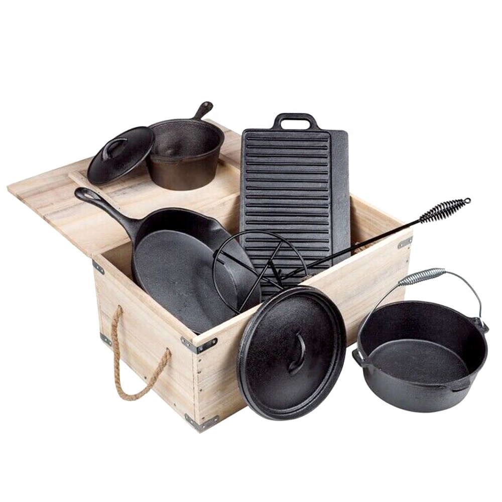 Camping Cooking Dutch Oven - プレシーズニング済みBBQヘビーデューティーアウトドアキャンプ用7ピース鋳鉄製調理鍋クックウェアダッチオーブンセット7個入り木製ボックス付き