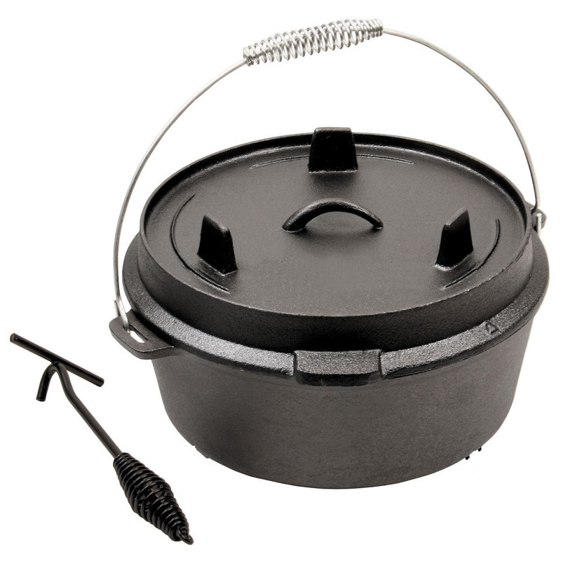 Camping Cooking Dutch Oven - プレシーズン鋳鉄蓋、キャンプドッチオーブン、プレシーズンのスキレットキャセロールポット、蓋リフト、キャンプ調理、バーベキューベーキング、4qt、25cm