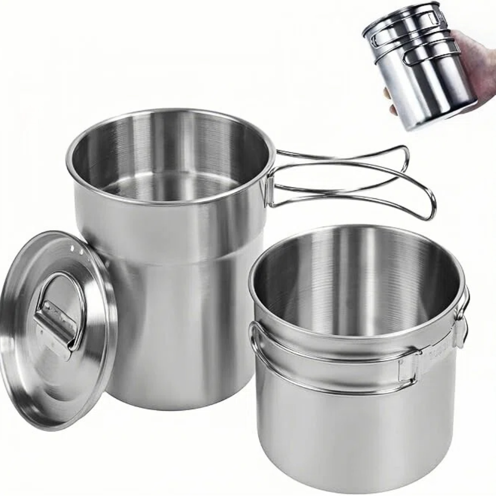 Camping Cooking Pack - 折りたたみ式キャンプカップマグカップキャンプポット調理器具304食品グレード屋外キャンプクッキングセット（通気蓋付き、ステンレス鋼バックパック）