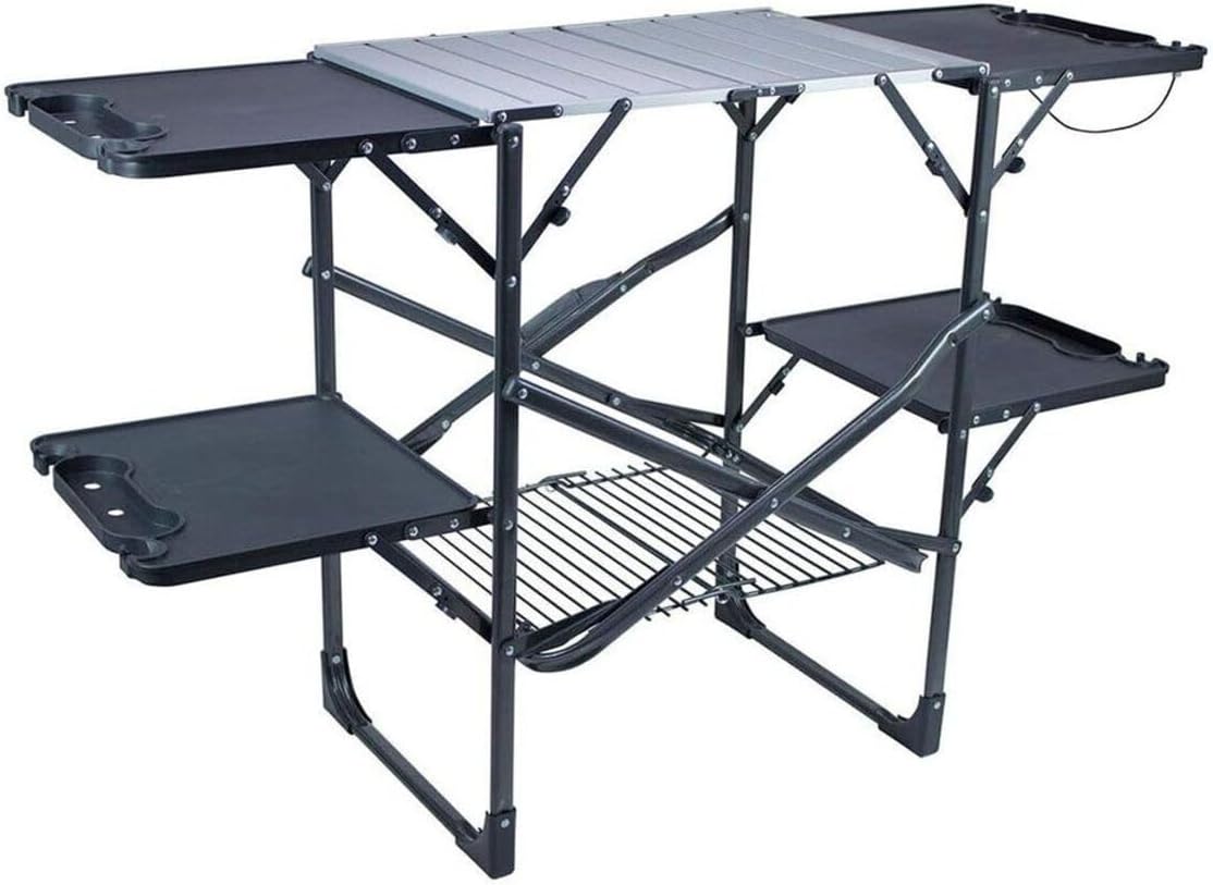 Camping With Cooking - スリム折りたたみ式ポータブルキャンプキッチンテーブル、耐熱トップサイドシェルフ、収納ラック、ペーパータオルホルダー、ピクニックや屋外調理用クックステーション（ブラック）