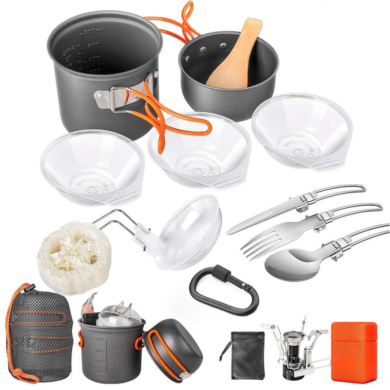 Camping Cooking Pots And Pans Set - キャンプ用調理器具キット、ストーブとボウル付きキャンプ用鍋セット、1～2人用のポータブルキャンプ用フライパン調理セット