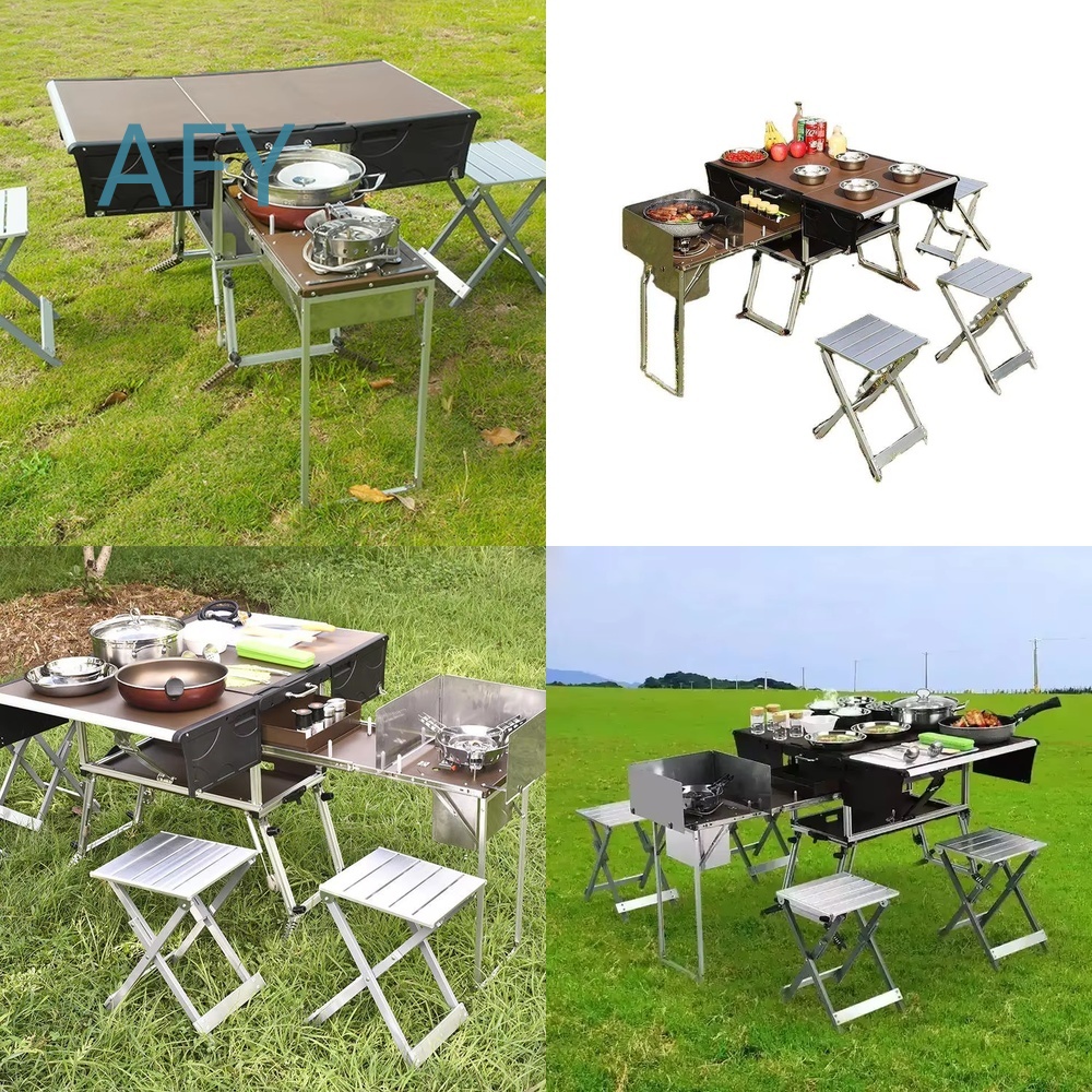 Camping Cooking Dining Set - ポータブル折りたたみ式フードトレーラー、屋外調理グリル、ダイニング、バーベキュー、ピクニック、キャンプ用テーブルチェアセット、モバイルキッチン付き
