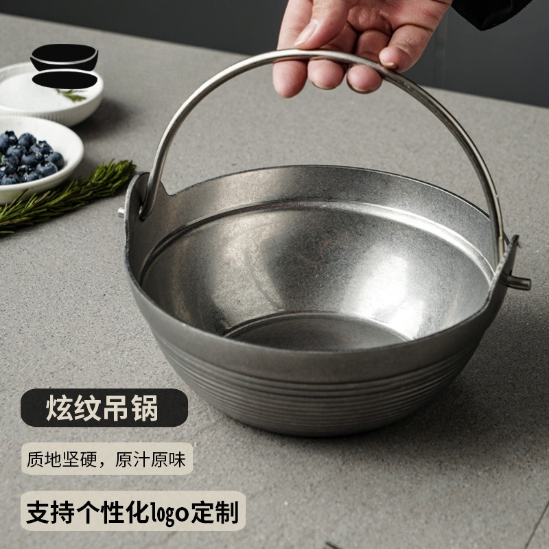 Japanese Camping Cooking - レトロな三層構造のスチール製キャンプ用小型調理鍋、アルコールストーブ、業務用日本式スキキ鍋、華やかな模様の吊り下げ鍋