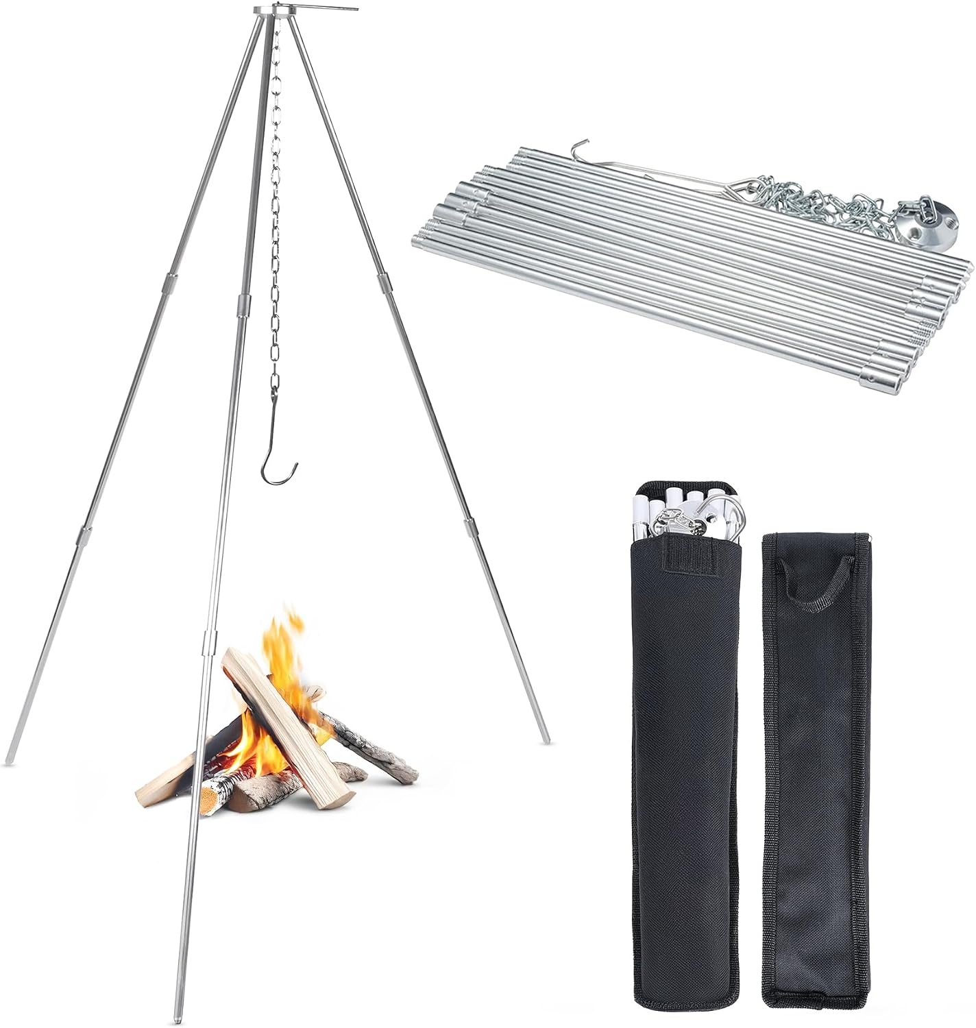 Camping Cooking Open Fire - オープンファイヤー対応 33インチ キャンプ三脚 折りたたみ式ステンレス製クッキングスタンド 調節可能なチェーン付き コンパクトなブッシュクラフトギア