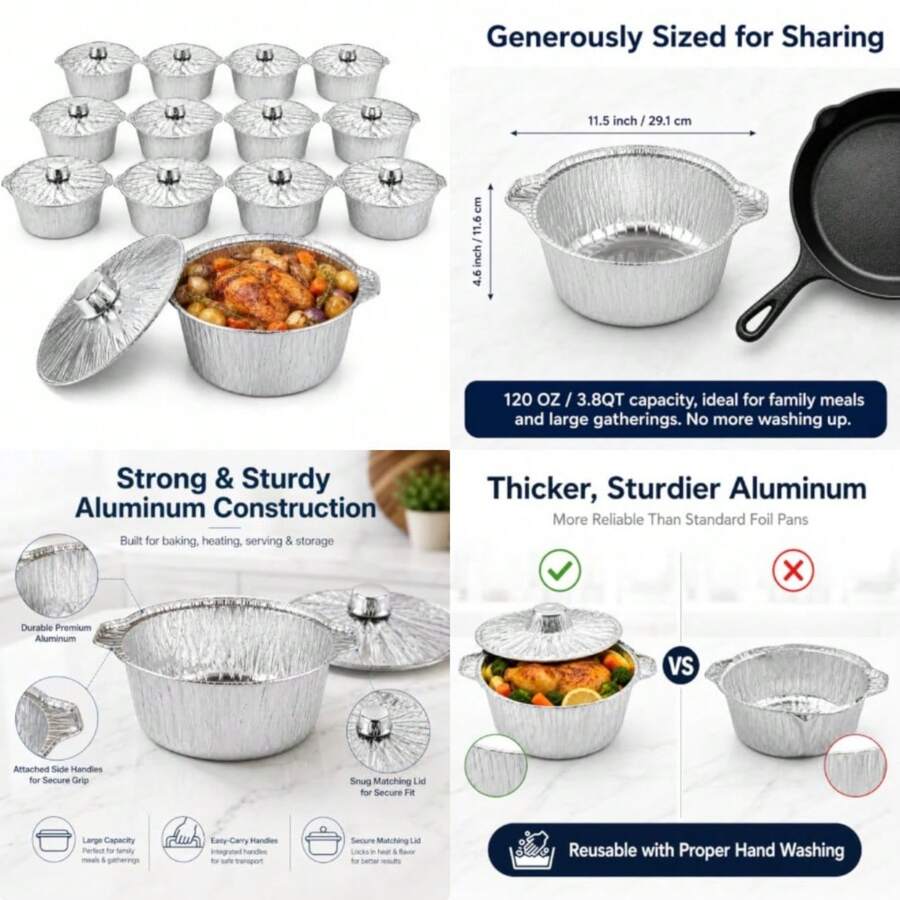 Camping Cooking Pack - 12パック使い捨てポット蓋付き、キャンプ用ベーキング調理用ホイルパン 120オンス/3.8クォート