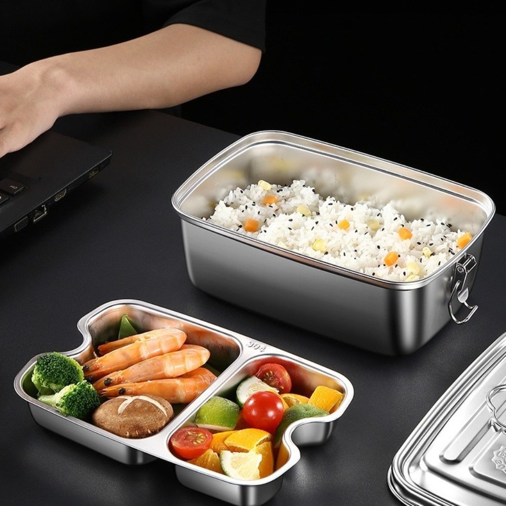 Camping Cooking Box - 二層ステンレス製ランチボックス、仕切り付き、漏れ防止、電子レンジ対応、ハンドル付き、滑り止め、フレッシュボックス、キャンプ用