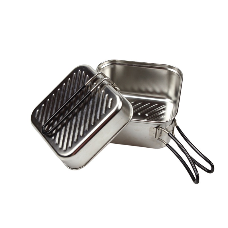 Camping Cooking Pots And Pans Set - 屋外調理用ステンレス製キャンプ鍋セット 軽量1.1L折りたたみ式携帯用正方形ピクニックスープポットフライパン EVCH--004S