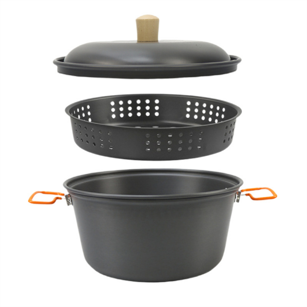 Camping Cooking Essentials - 7.5L硬質アルマイトアルミ屋外調理鍋セット、蒸し器付きアルミ合金キャンプ旅行食器ピクニック必需品