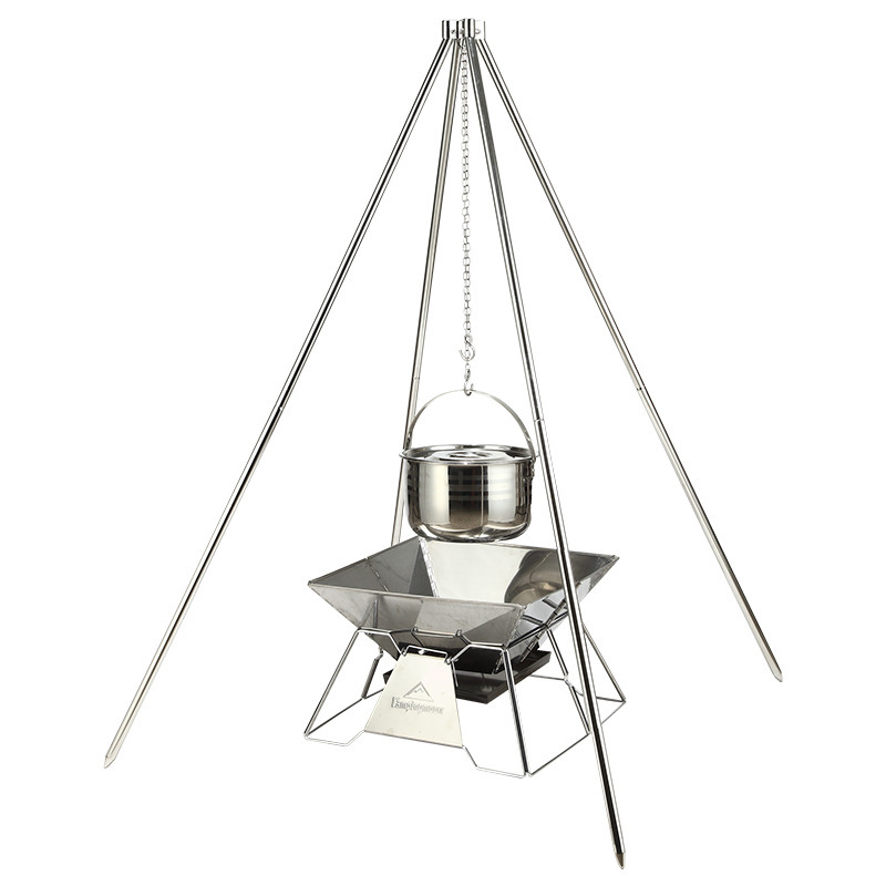 Camping Cooking Dutch Oven - ステンレス製キャンプ三脚、焚き火調理用、頑丈なダッチオーブンハンガー＆調節可能なBBQグリルスタンド（屋外用）
