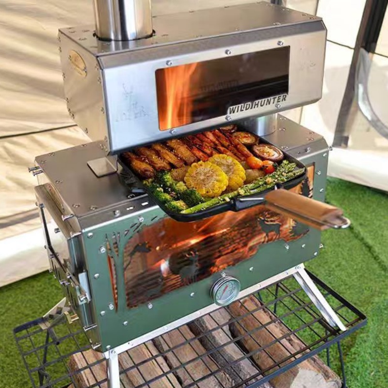 Camping With Cooking - キャンプ用薪ストーブ 両面火観察機能付き暖房ストーブ 煙突付き調理台