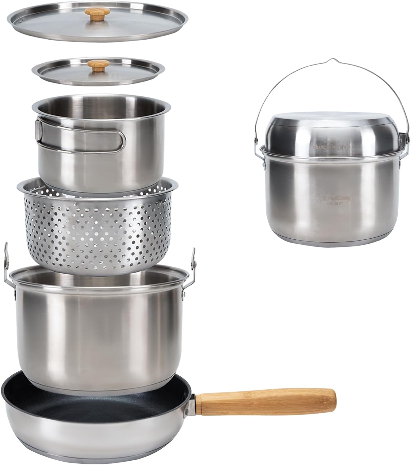 Camping Cooking Pots And Pans Set - 304ステンレス鋼キャンプ用調理器具セット - キャンプファイヤー調理用の鍋、フライパン、ケトル、トラベルトートバッグ付き、アウトドアキッチンピクニック用