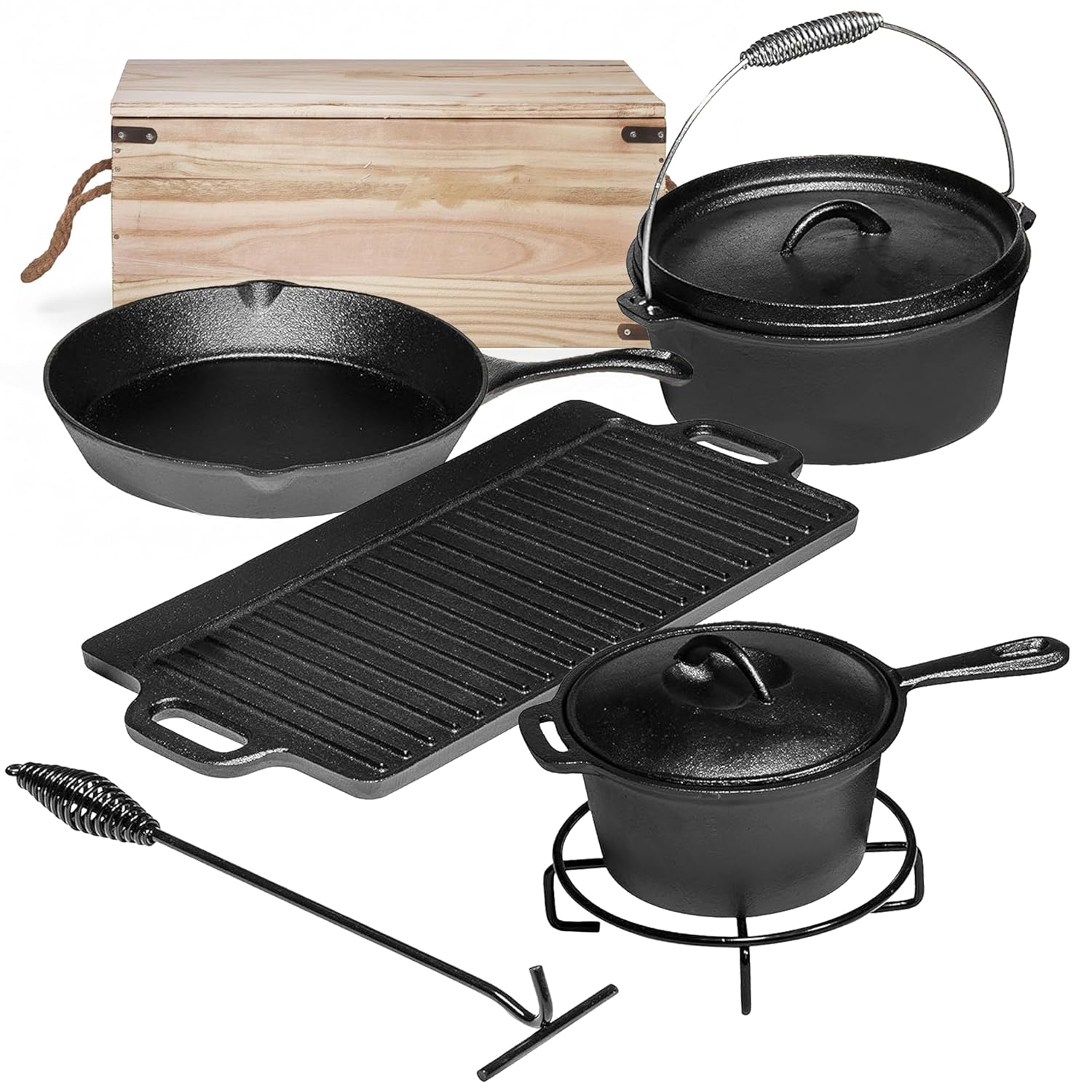 Camping Cooking Dutch Oven - キャンプ用調理器具7点セット。 プレシーズン加工済みの鋳鉄製鍋とフライパン、蓋付きダッチオーブン、屋外焚き火用 グリル調理器具