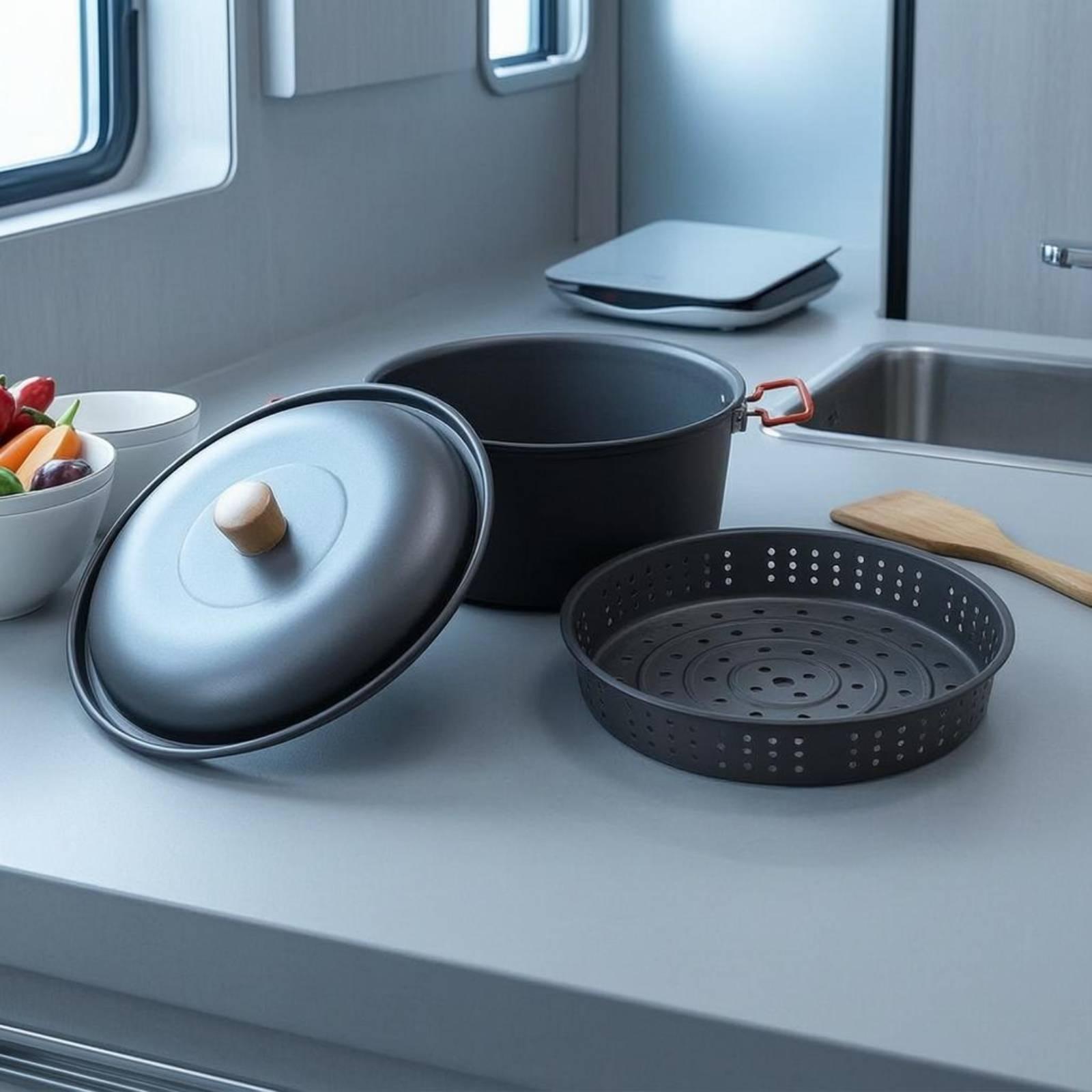 Camping Cooking Vessel - アルミ合金製アウトドアクッキングポット、蒸し・煮込み用キャンプ調理鍋、ピクニック・ハイキング用携帯蒸し器