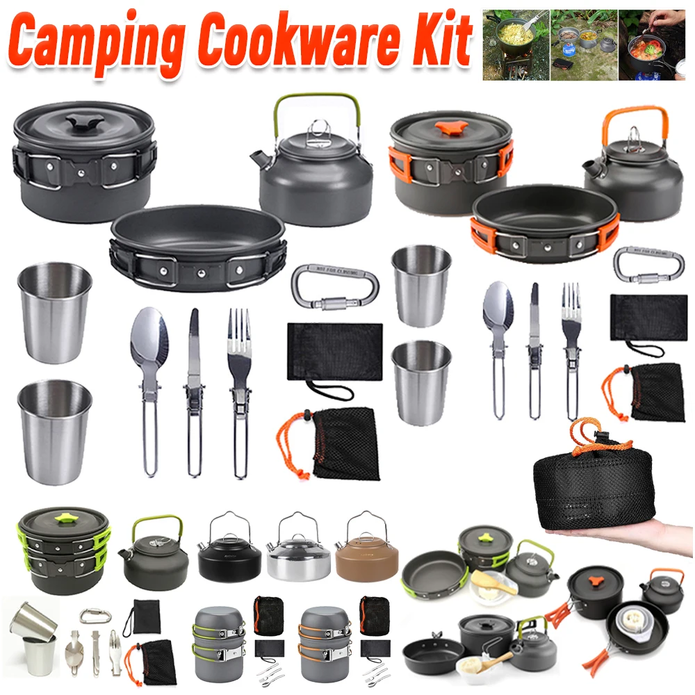 Camping Cooking Pots And Pans Set - キャンプ調理器具キット ケトル ポット パン クックセット ポータブル