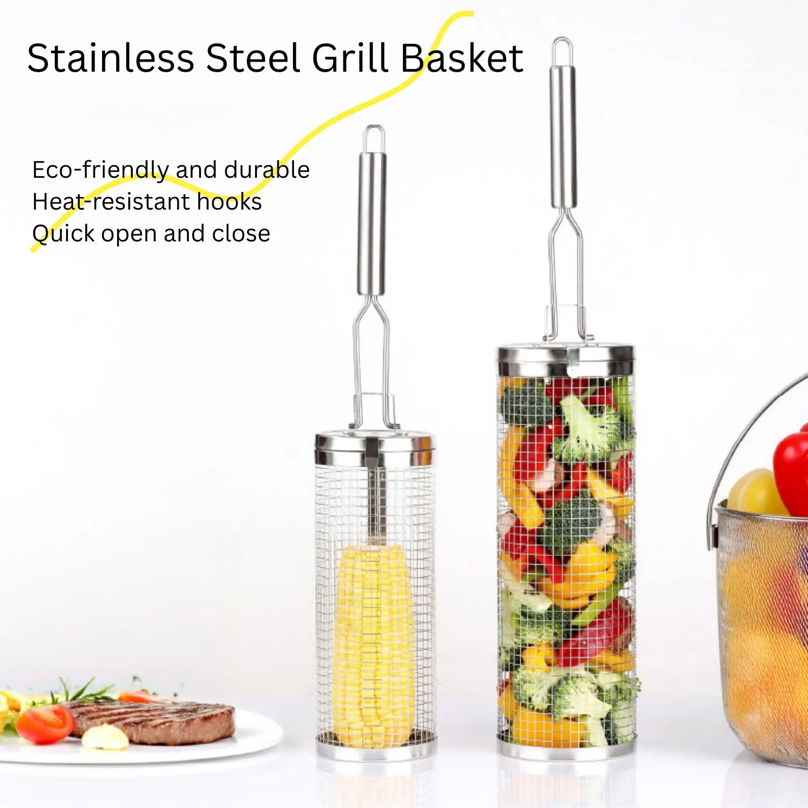 Camping Cooking Essentials - ステンレス製ローリンググリルバスケット – キャンプ、バーベキュー、野菜、エビ用の必須アウトドア調理アクセサリー（ネスティングデザイン）