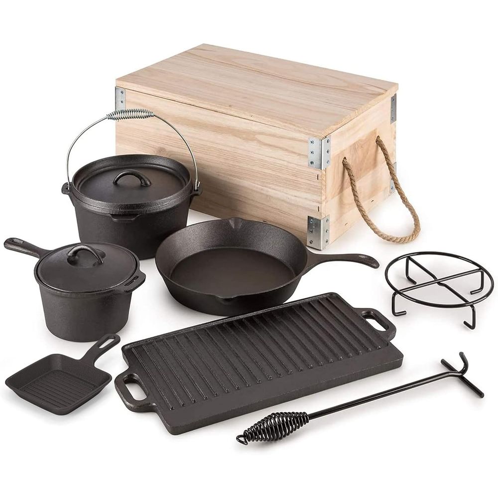 Camping Cooking Dutch Oven - 8点セットのプレシーズン加工済みダッチオーブン調理器具セット、鋳鉄製キャンプキッチン調理器具、ベイクウェア、スキレット、スクエアグリルパン、ヴィンテージC付き