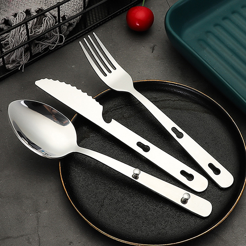 Camping Cooking And Dining Set - 3 ピース/セットポータブルキャンプ調理食器ステンレス鋼食器折りたたみナイフ食器スプーンセットスプーンフォークナイフ食器