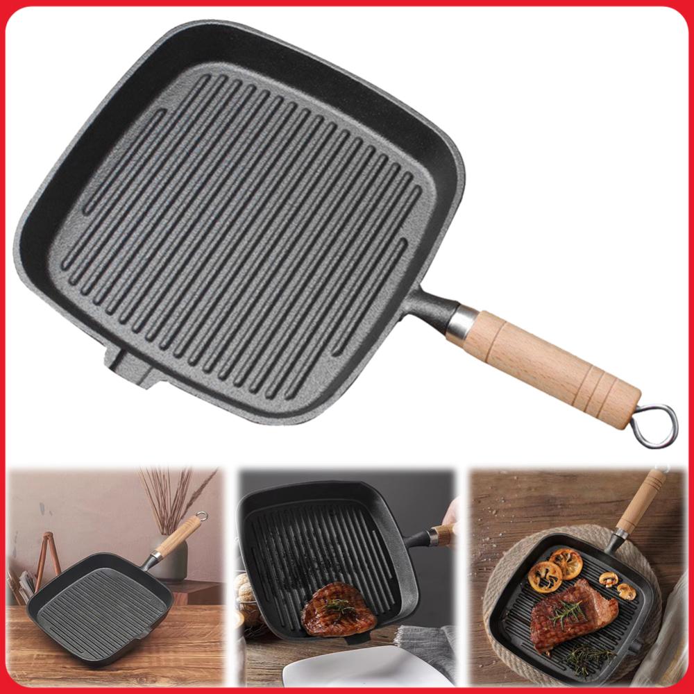 Camping Cooking Cast Iron - 鉄製スキレットステーキパン 木製ハンドル付き 無塗装ノンスティック調理鍋 ステーキフライパン キャンプ用 室内および屋外用